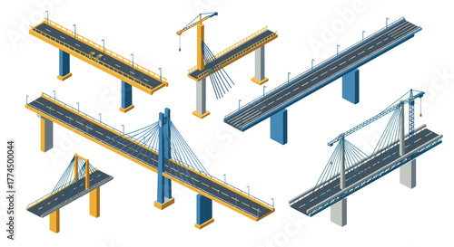Isometric bridge set with construction crane and traffic elements