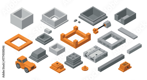 Isometric construction elements and machinery set for building projects