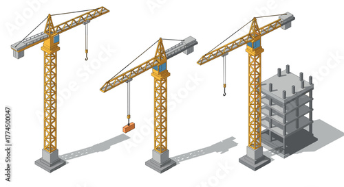Isometric construction crane and building site in progress