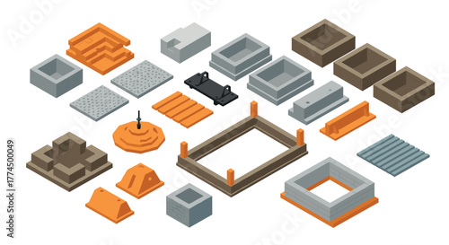 Isometric concrete and construction elements set for building design