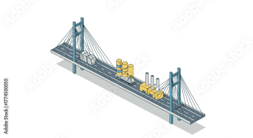 Isometric bridge with industrial buildings on roadway