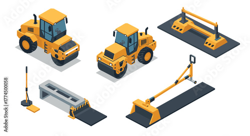 Isometric construction equipment set featuring rollers and barriers