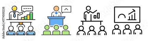 Business seminar icons featuring presentations and audience members