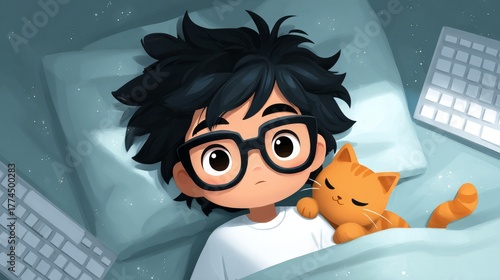 A young boy wearing glasses lies in bed with an orange cat,surrounded by keyboards in a nighttime setting.