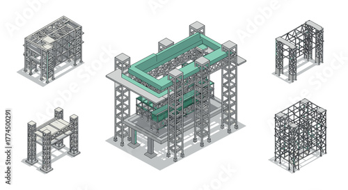 Isometric architectural structures with steel framework