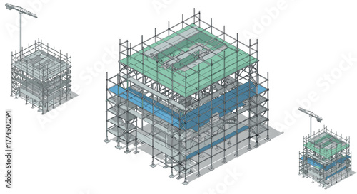 Modern isometric building under construction with scaffoldings and cranes