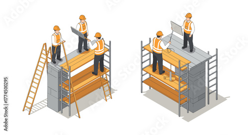Isometric construction workers on scaffolding platform with safety gear