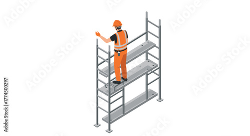 Worker in safety gear on scaffolding isometric design