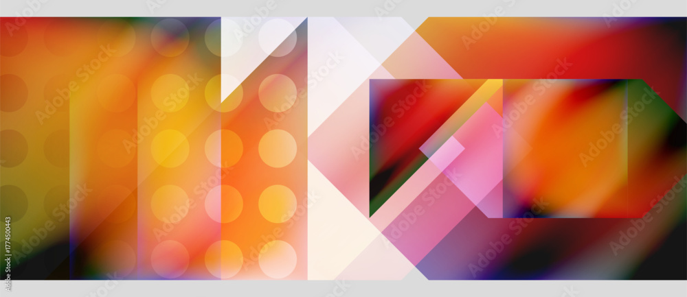 Fototapeta premium Abstract composition. Geometric shapes overlap, vibrant colors blend. Circles, rectangles create dynamic visual effect. Modern design.