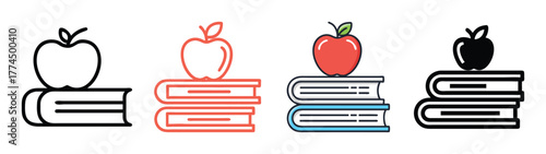Set of four book and apple icons representing education and learning