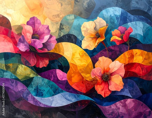 Fototapeta Naklejka Na Ścianę i Meble -  Vivid floral abstract painting with colorful flower blooms and layered shapes