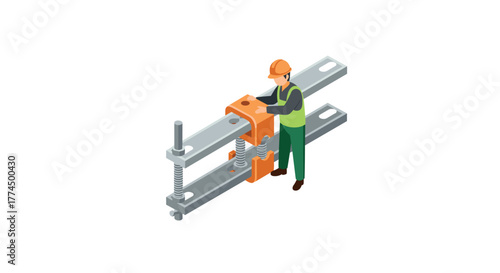 Isometric worker in safety gear adjusting large metal clamp