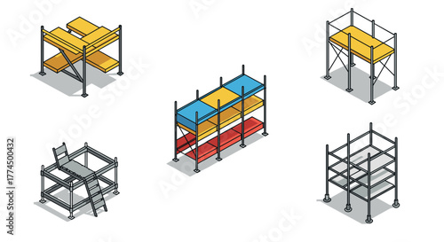 Isometric construction scaffolding set: diverse platforms and metal framework…
