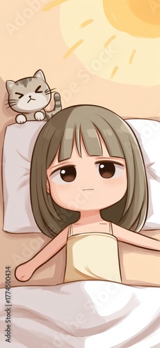 A girl waking up with her cat nearby under the morning sun.