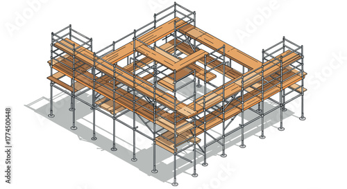 Isometric construction scaffold structure with wooden planks and metal framework