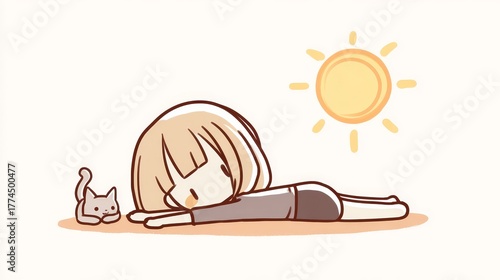 Chibi girl and cat sunbathing on a bright day.