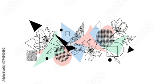 Geometric floral arrangement with pastel colors and line art flowers.