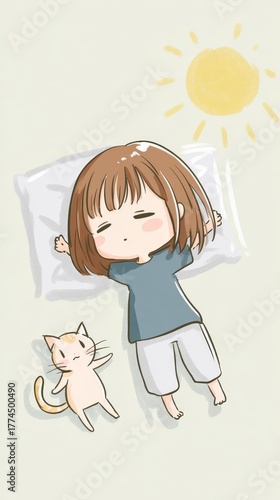 Chibi-style illustration of a child sleeping next to a cat under the sun