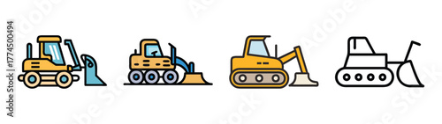 Collection of colorful construction bulldozer icons for earthmoving heavy equipment