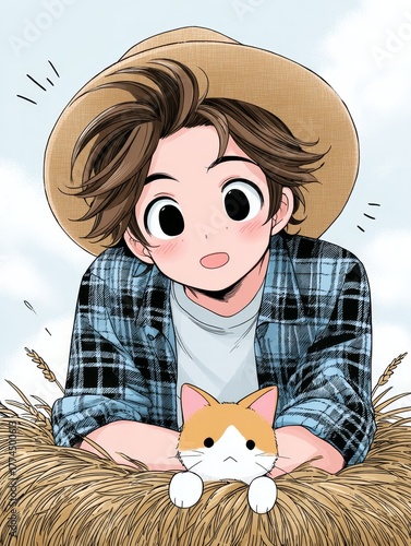 An anime-style illustration of a young farmer in a straw hat with a small kitten in a pile of hay.
