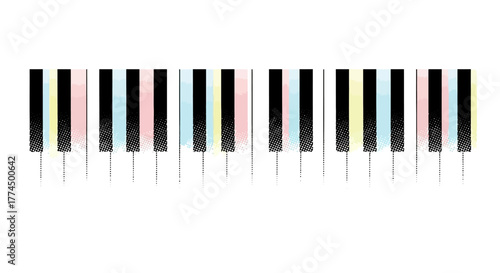 Colorful piano keyboard with pastel keys isolated on a white background.