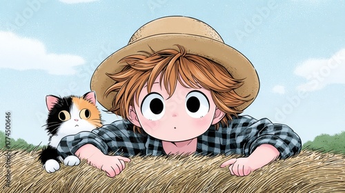 A young child in a straw hat peeking over hay with a calico cat beside them against a bright sky.