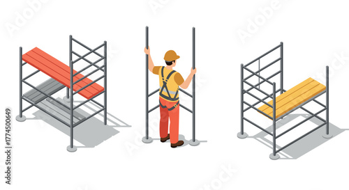 Construction worker assembling scaffold: safety equipment and tools in modern…