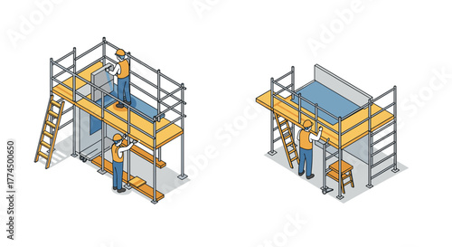 Construction workers assembling scaffolding in isometric style for building p…