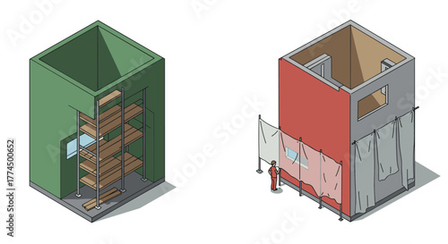 Isometric construction site with scaffolding and building framework
