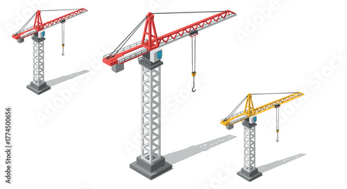 Isometric construction cranes set with detailed industrial structures