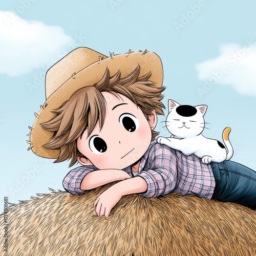 A young boy in a straw hat resting on a haystack with a cat