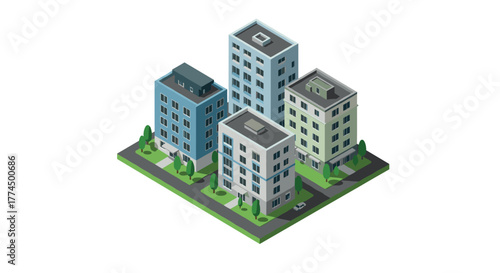 Urban apartment complex with isometric architecture and green spaces