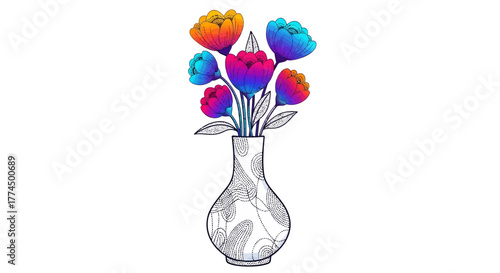 Vibrant rainbow colored flowers in a hand drawn vase illustration.
