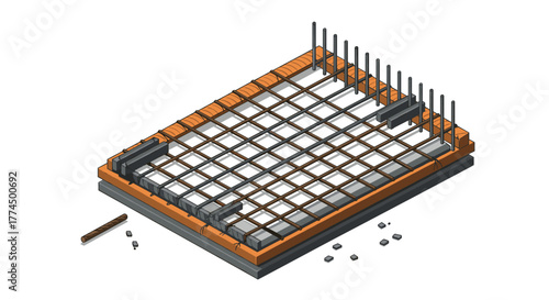 Isometric concrete foundation with steel reinforcement and building materials