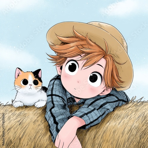 Anime-style boy with straw hat and calico cat resting on a hay bale.