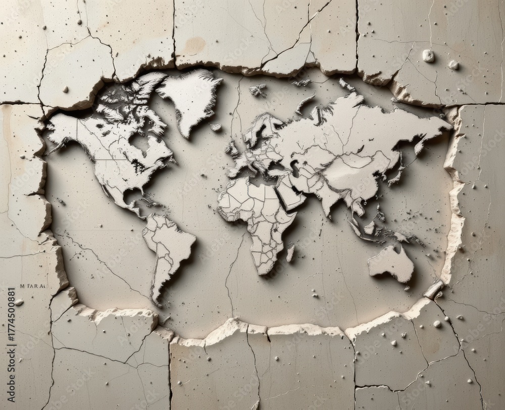 Obraz premium World map relief sculpture with cracked surface texture.