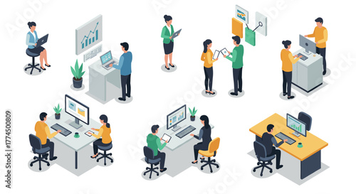 Professional office environment with diverse flat design interactions and mod…