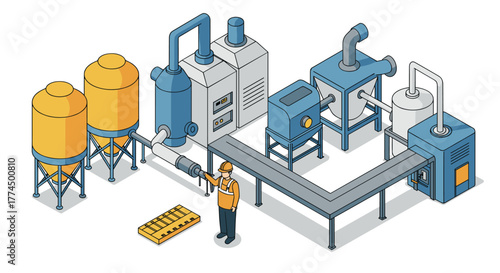 Modern industrial plant isometric design with worker and machinery elements