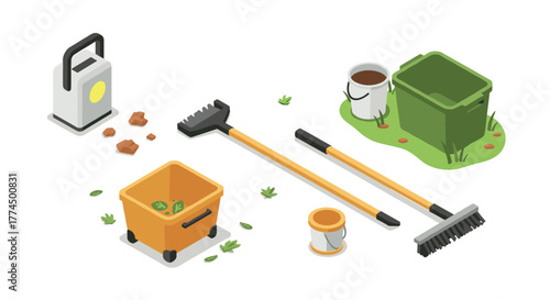 Isometric garden cleaning tools: brooms, buckets, and waste bins on white bac…