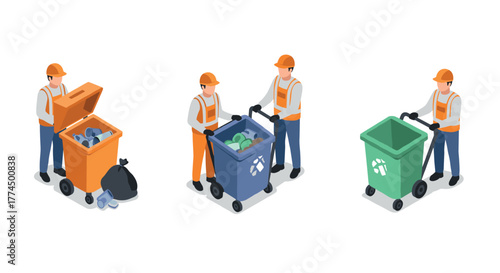 Isometric garbage workers handling recycling waste bins