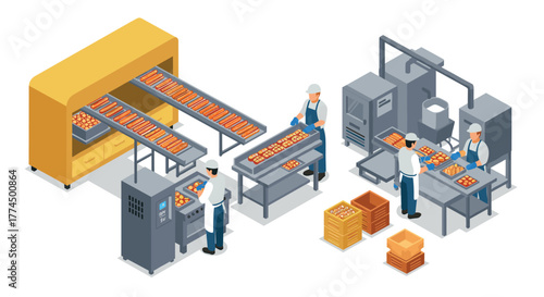Isometric bakery production line with workers and equipment