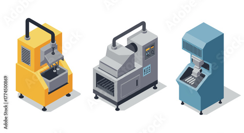 Industrial isometric machinery set featuring modern manufacturing equipment