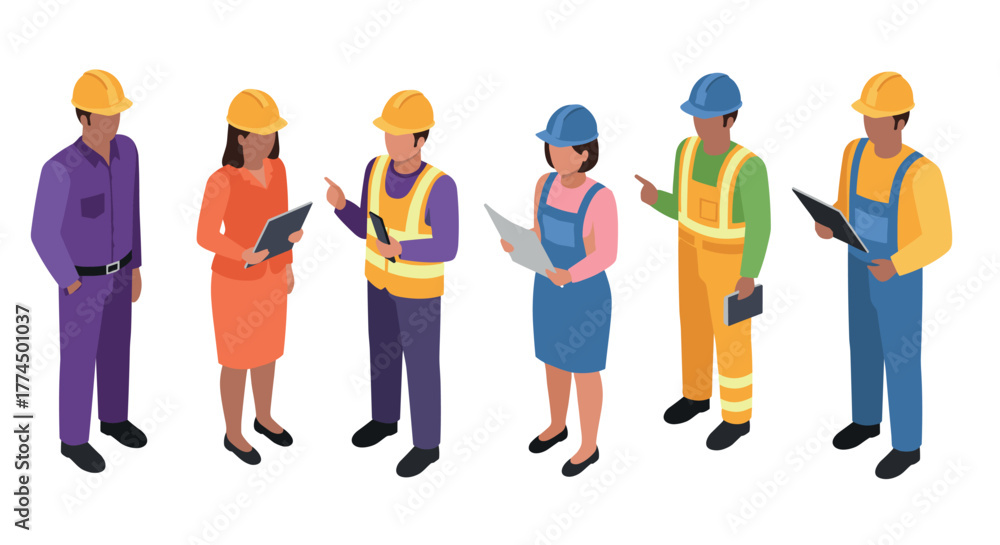 Obraz premium Isometric construction workers in uniforms discussing projects