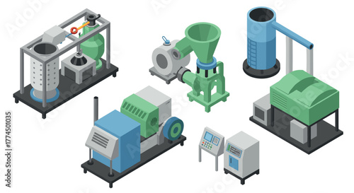 Industrial machinery in isometric design: modern manufacturing equipment set