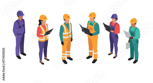 Diverse team of engineers and construction workers in isometric style