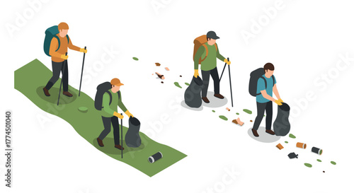 Isometric hikers cleaning trail: environmental awareness and conservation