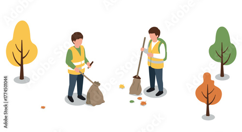 Isometric tree planting and cleaning volunteers in autumn park