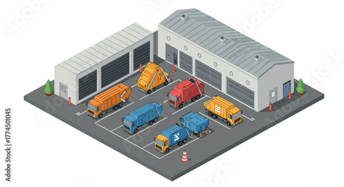 Isometric waste management facility with garbage trucks and recycling center