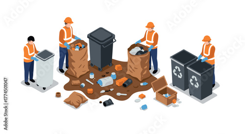 Isometric waste management workers sorting recycling materials on clean white…