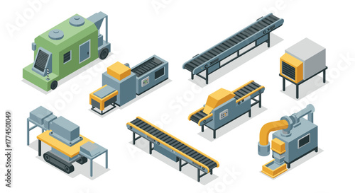 Isometric industrial machinery set with conveyor belts and automated systems